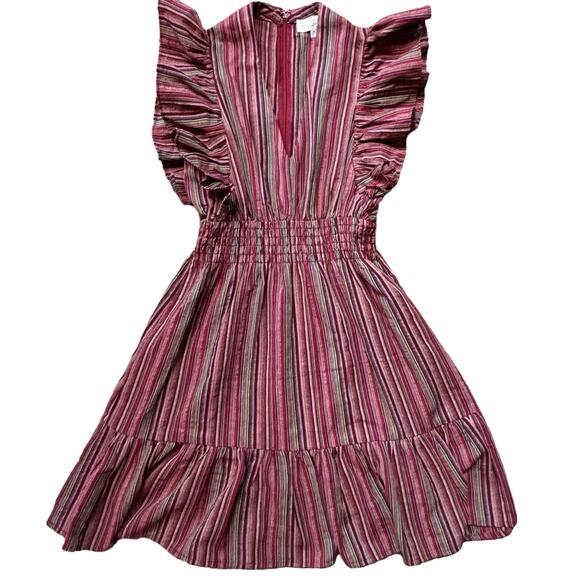 Pinch Red Striped Flutter Sleeve Fit & Flare Smocked Waist V Neck Dress Medium - Picture 2 of 6